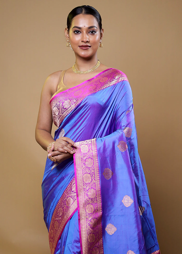 Blue Handloom Katan Pure Silk Saree With Blouse Piece