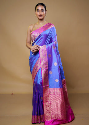 Blue Handloom Katan Pure Silk Saree With Blouse Piece