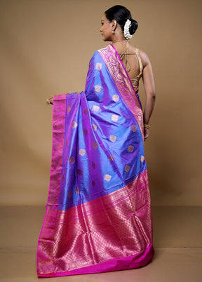 Blue Handloom Katan Pure Silk Saree With Blouse Piece