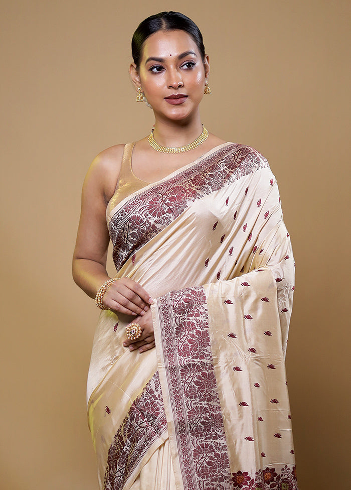 Cream Handloom Katan Pure Silk Saree With Blouse Piece