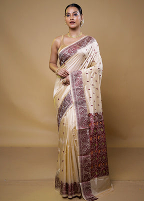 Cream Handloom Katan Pure Silk Saree With Blouse Piece