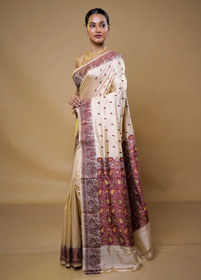 Cream Handloom Katan Pure Silk Saree With Blouse Piece