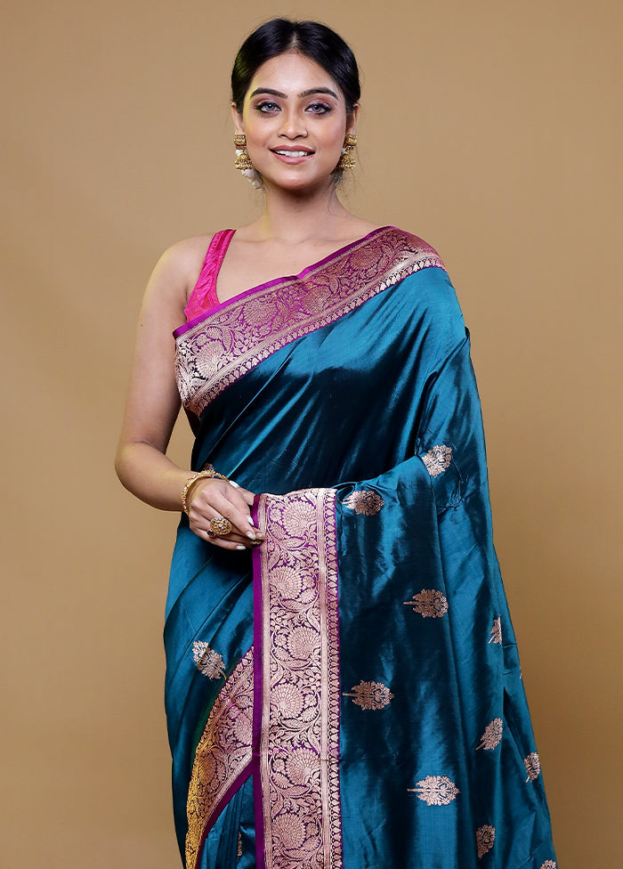 Blue Handloom Katan Pure Silk Saree With Blouse Piece