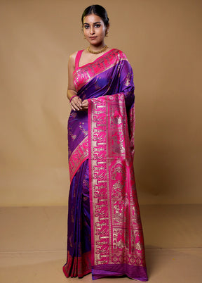 Purple Baluchari Silk Saree With Blouse Piece