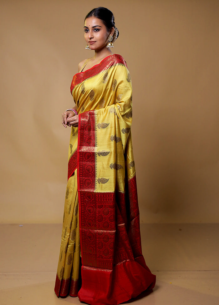 Yellow Handloom Dupion Pure Silk Saree With Blouse Piece