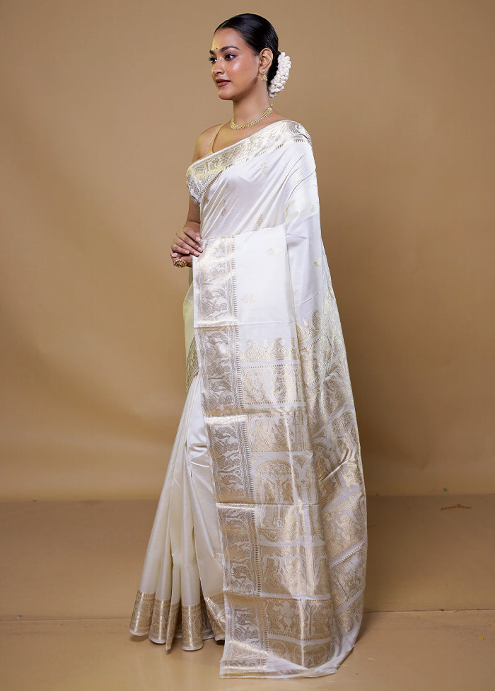 White Handloom Baluchari Pure Silk Saree With Blouse Piece