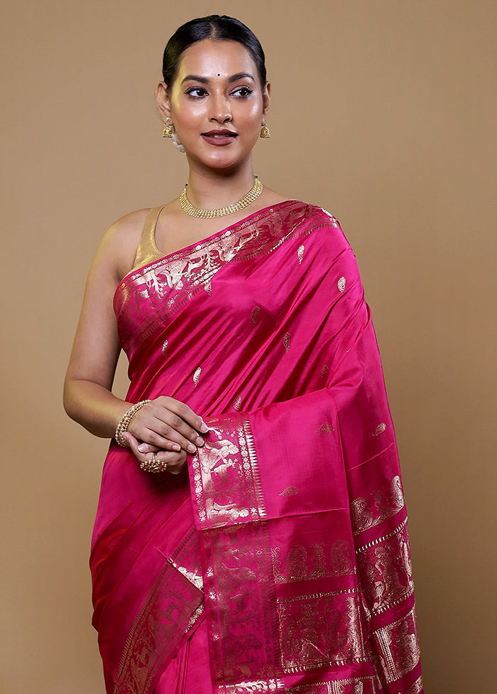 Pink Handloom Baluchari Pure Silk Saree With Blouse Piece