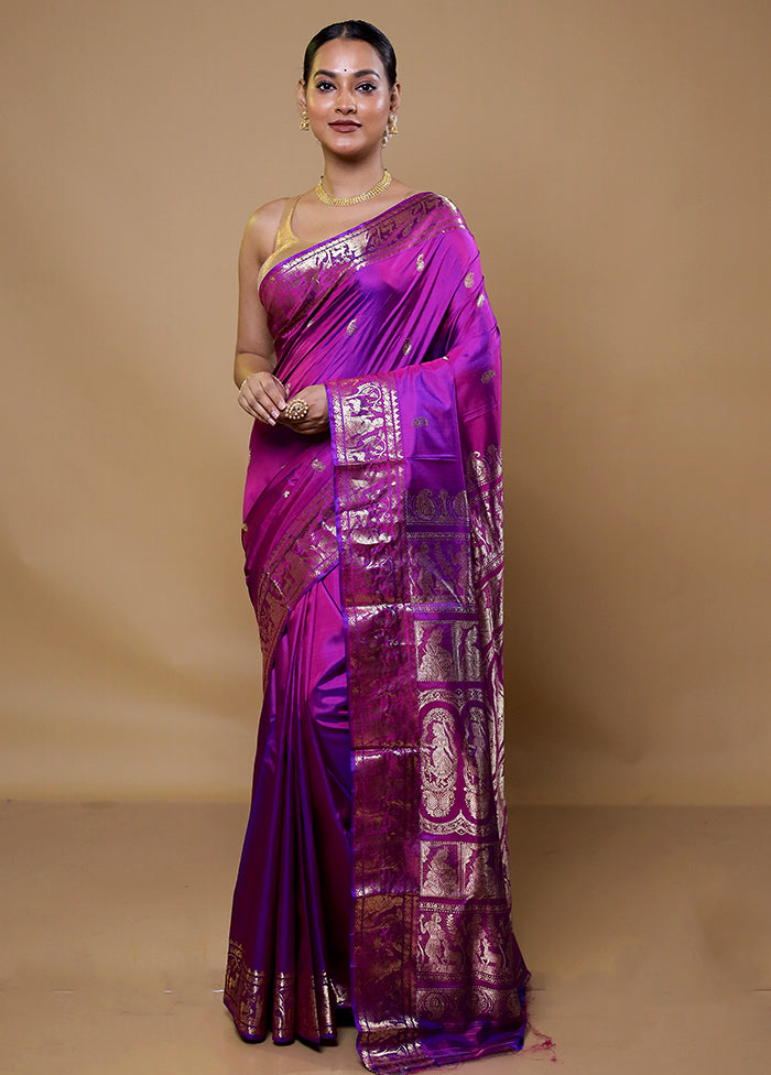 Purple Handloom Baluchari Pure Silk Saree With Blouse Piece