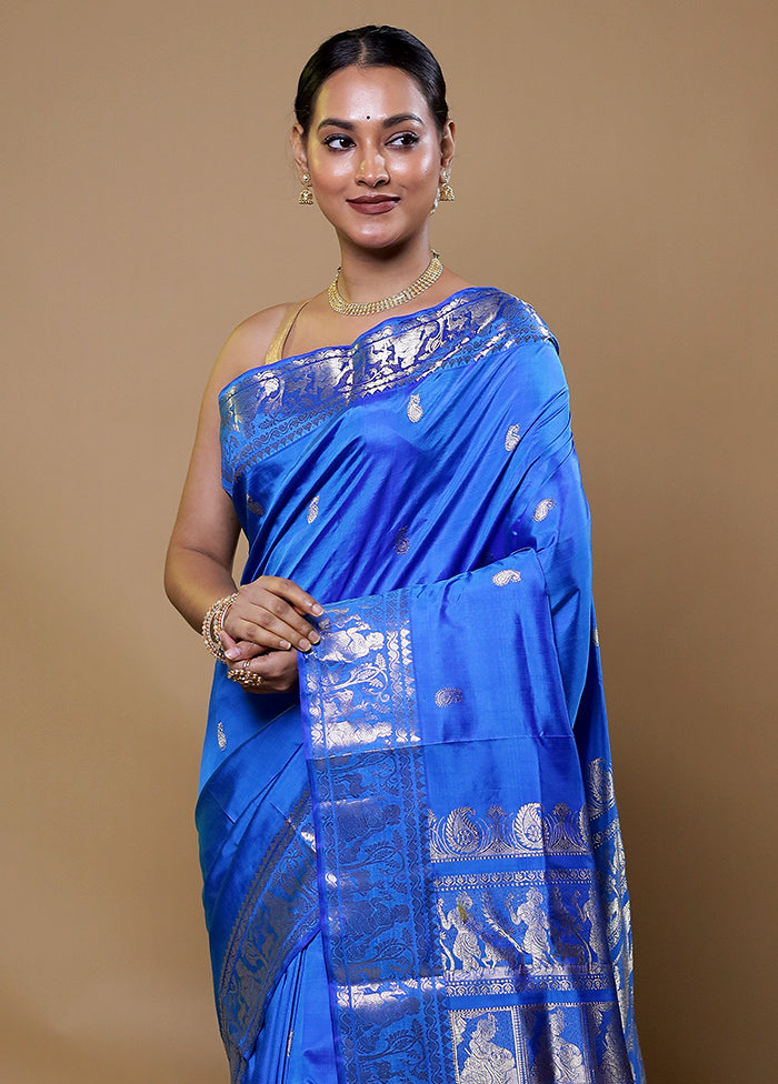 Blue Handloom Baluchari Pure Silk Saree With Blouse Piece