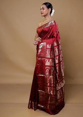 Maroon Handloom Baluchari Pure Silk Saree With Blouse Piece