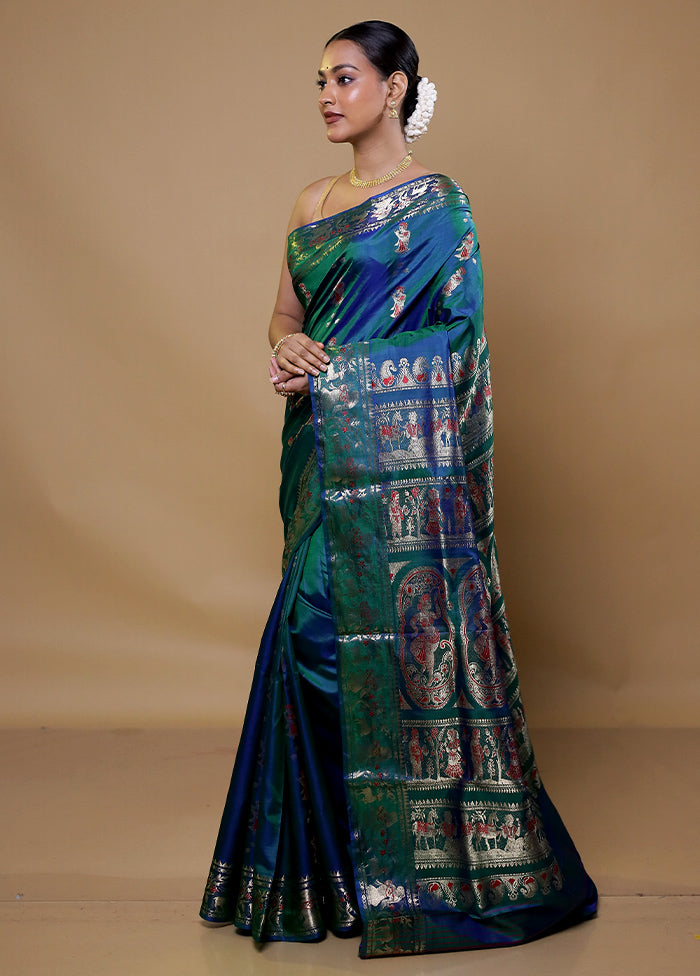 Green Handloom Baluchari Pure Silk Saree With Blouse Piece