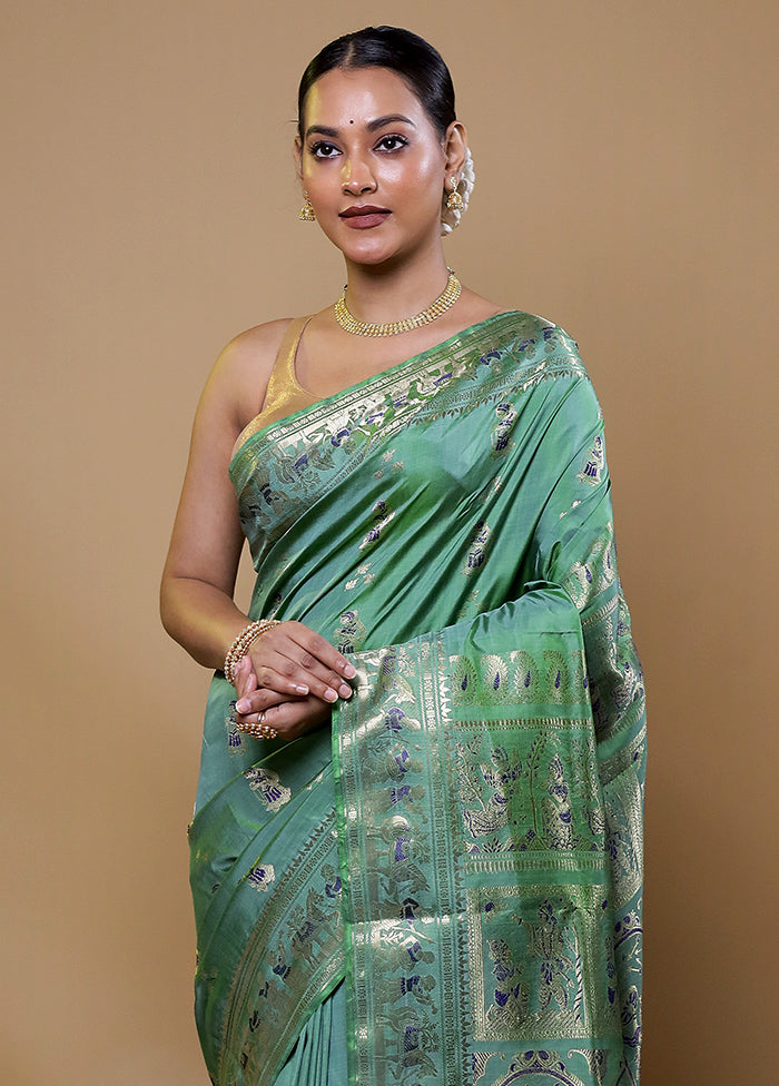 Green Handloom Baluchari Pure Silk Saree With Blouse Piece