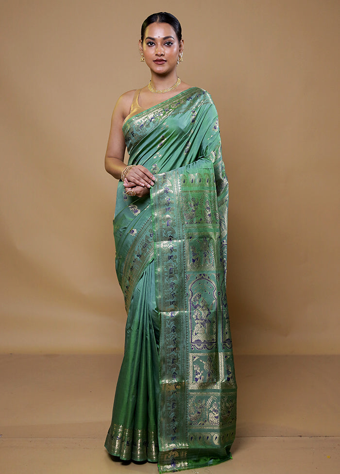 Green Handloom Baluchari Pure Silk Saree With Blouse Piece