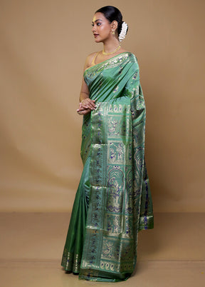 Green Handloom Baluchari Pure Silk Saree With Blouse Piece