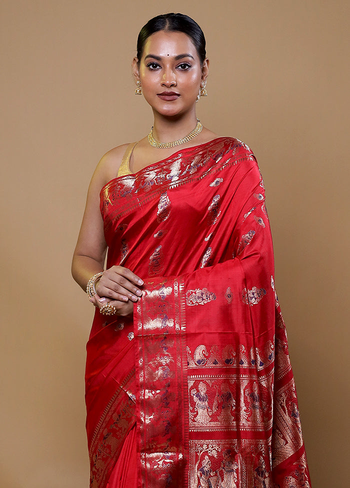 Red Handloom Baluchari Pure Silk Saree With Blouse Piece