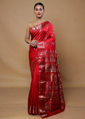 Red Handloom Baluchari Pure Silk Saree With Blouse Piece