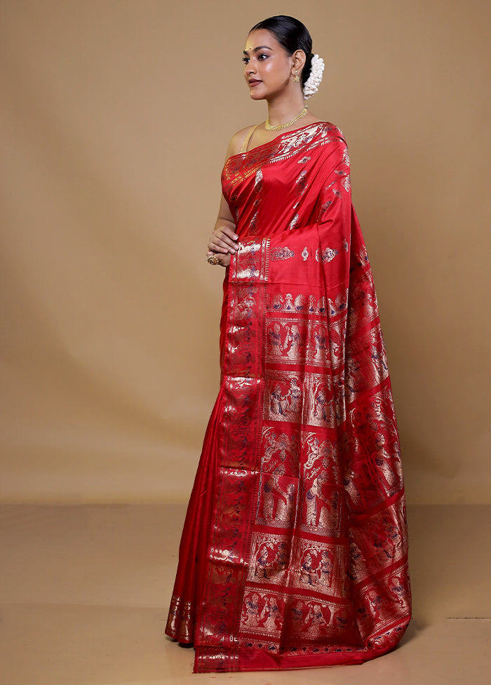 Red Handloom Baluchari Pure Silk Saree With Blouse Piece