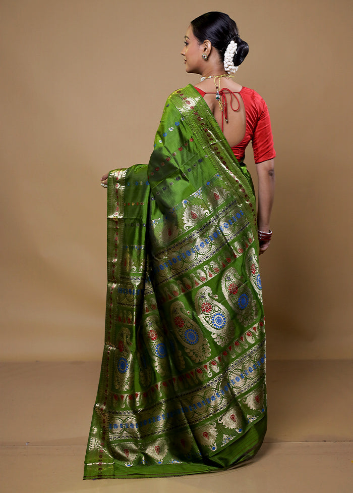 Green Handloom Baluchari Pure Silk Saree With Blouse Piece