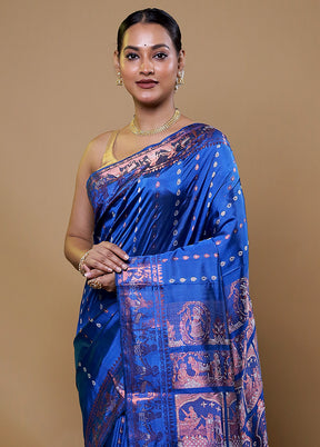 Blue Handloom Baluchari Pure Silk Saree With Blouse Piece