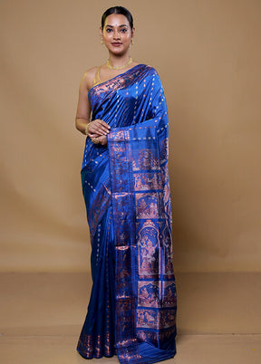 Blue Handloom Baluchari Pure Silk Saree With Blouse Piece