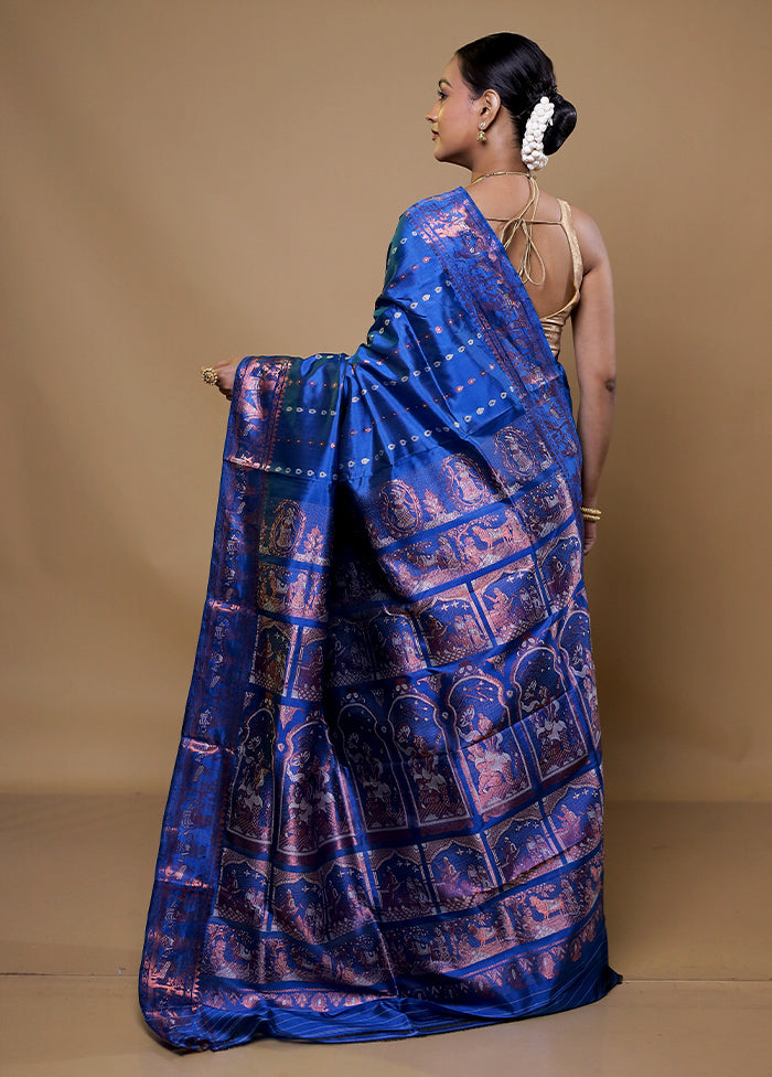 Blue Handloom Baluchari Pure Silk Saree With Blouse Piece