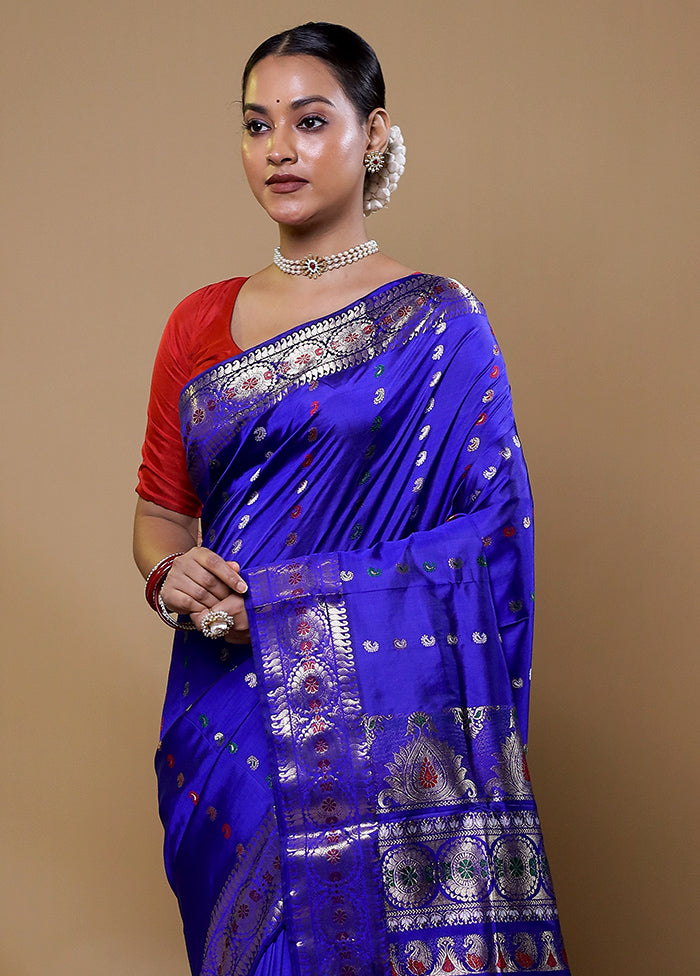 Blue Handloom Baluchari Pure Silk Saree With Blouse Piece