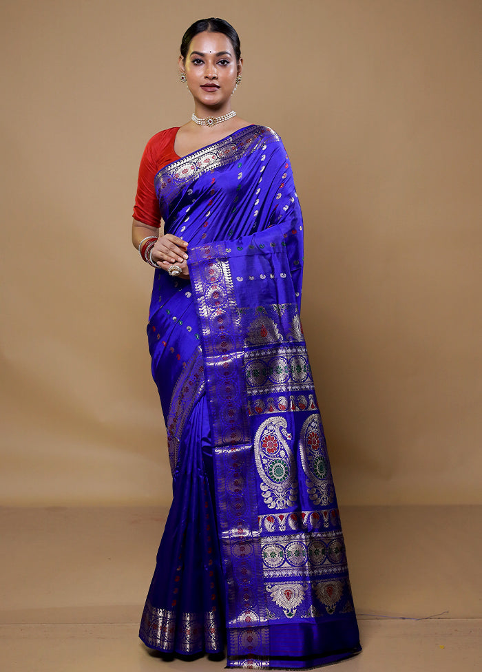 Blue Handloom Baluchari Pure Silk Saree With Blouse Piece