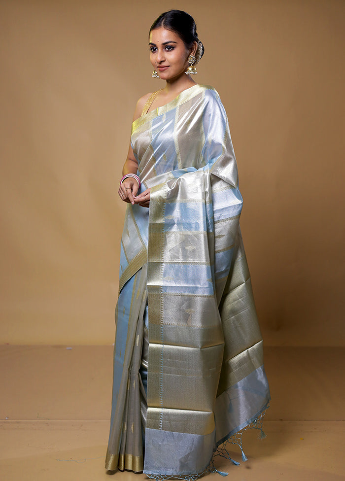 Blue Tissue Silk Saree With Blouse Piece