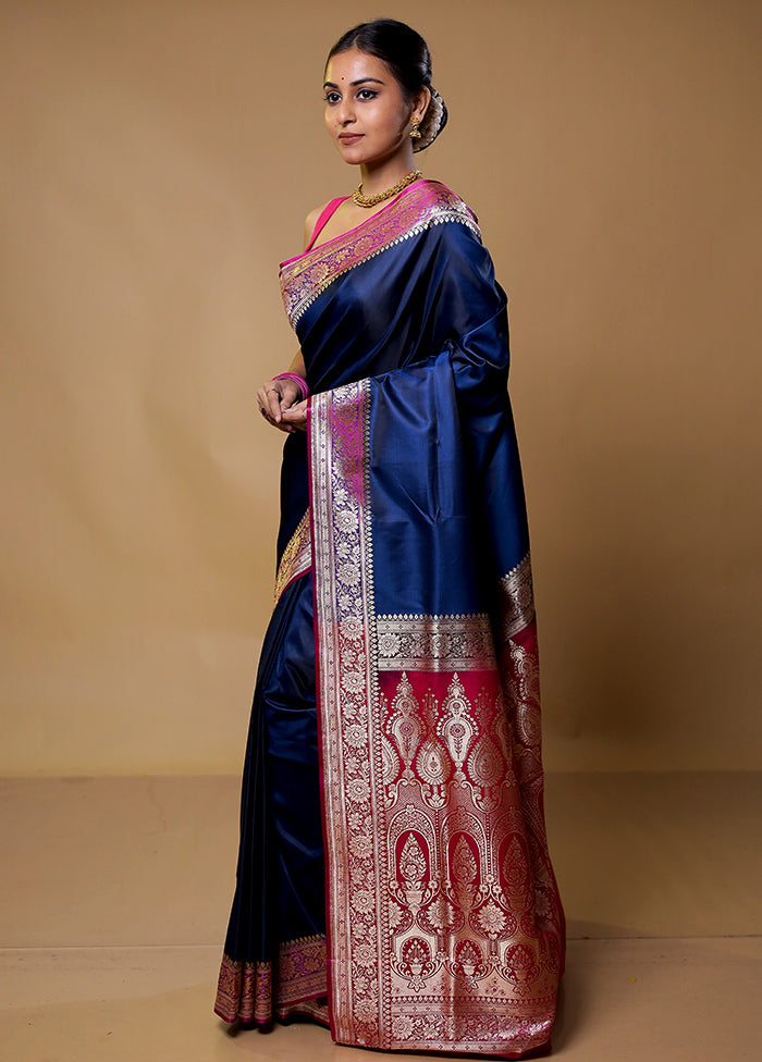 Blue Banarasi Silk Saree With Blouse Piece