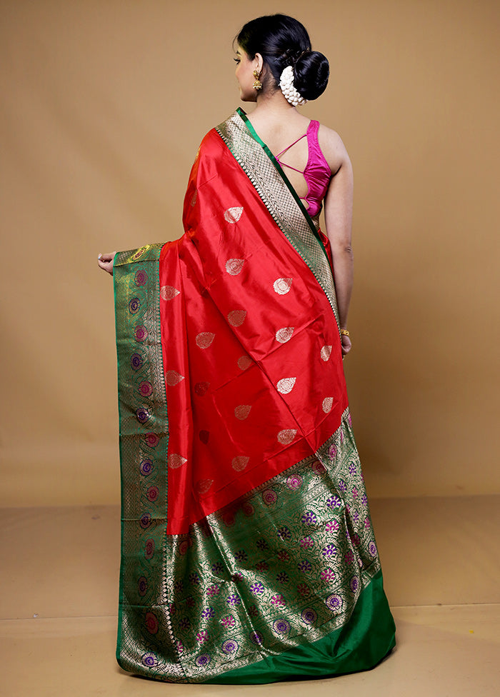 Red Handloom Katan Pure Silk Saree With Blouse Piece