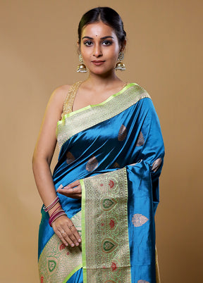 Blue Handloom Katan Pure Silk Saree With Blouse Piece