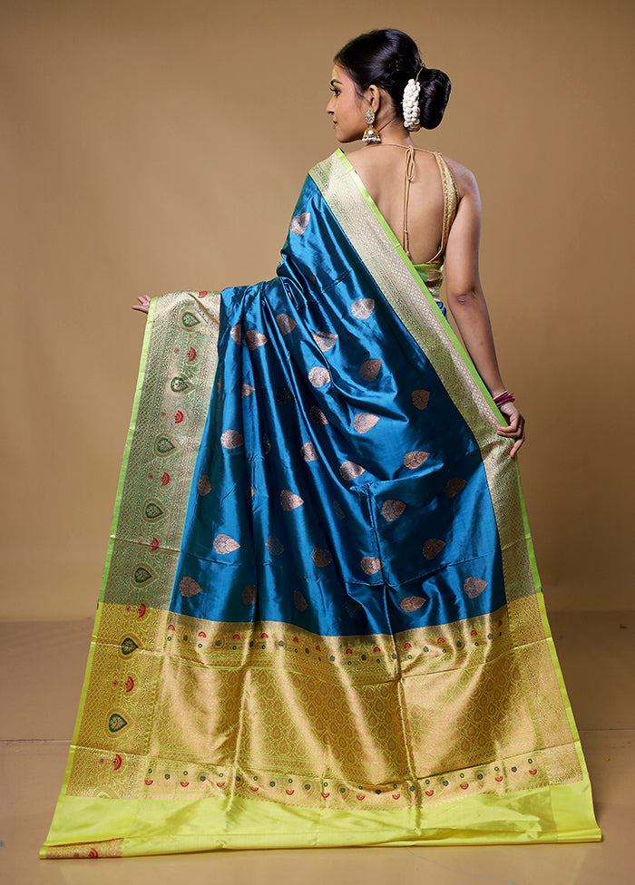 Blue Handloom Katan Pure Silk Saree With Blouse Piece