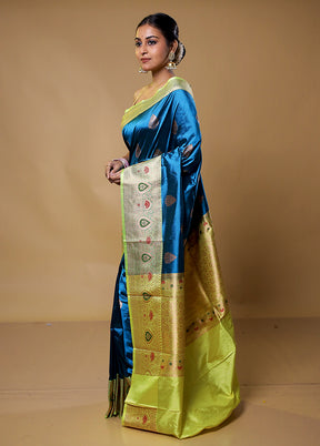 Blue Handloom Katan Pure Silk Saree With Blouse Piece