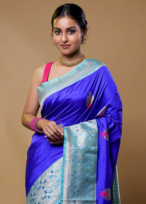 Blue Handloom Katan Pure Silk Saree With Blouse Piece