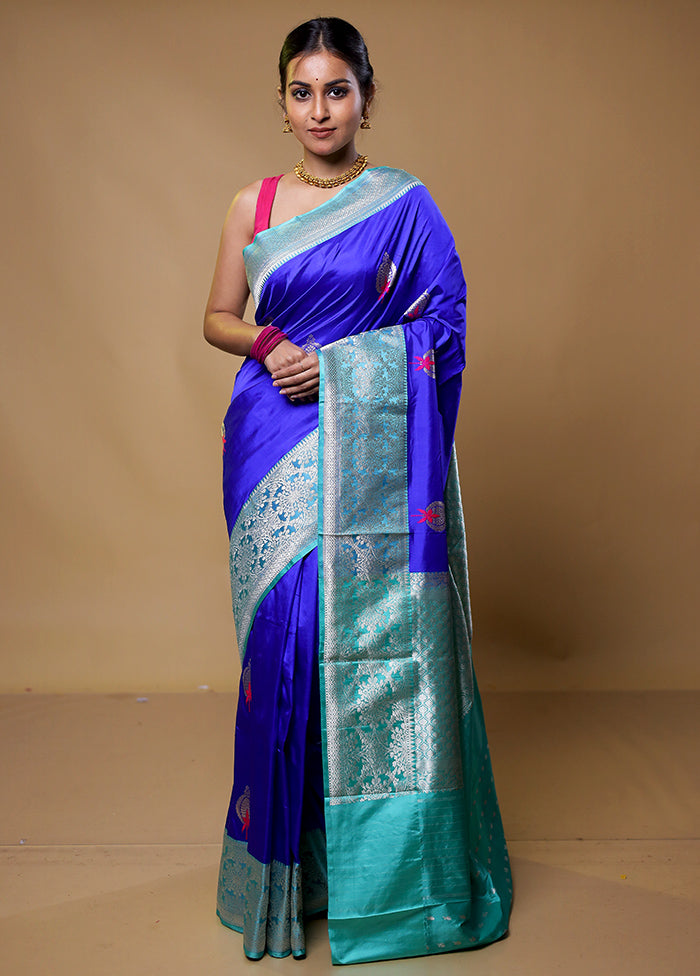 Blue Handloom Katan Pure Silk Saree With Blouse Piece