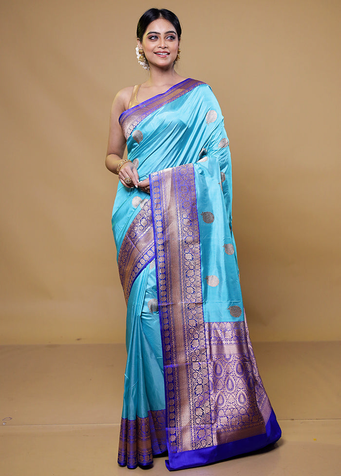 Blue Handloom Katan Pure Silk Saree With Blouse Piece