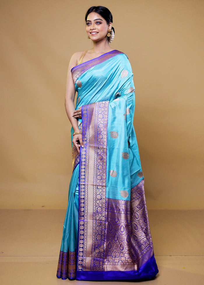 Blue Handloom Katan Pure Silk Saree With Blouse Piece