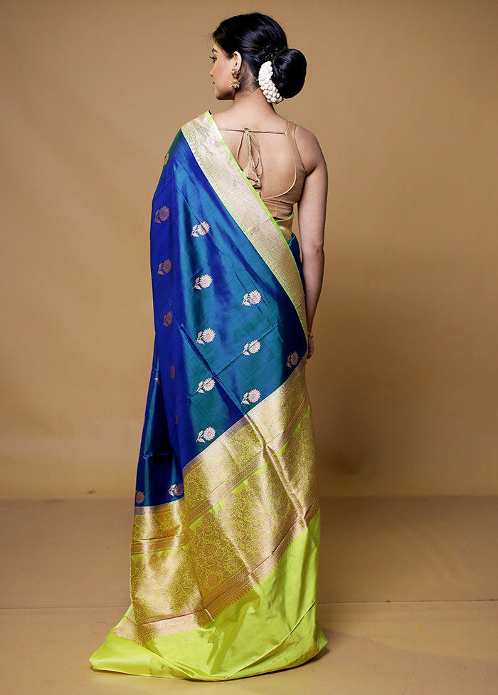 Blue Handloom Katan Pure Silk Saree With Blouse Piece