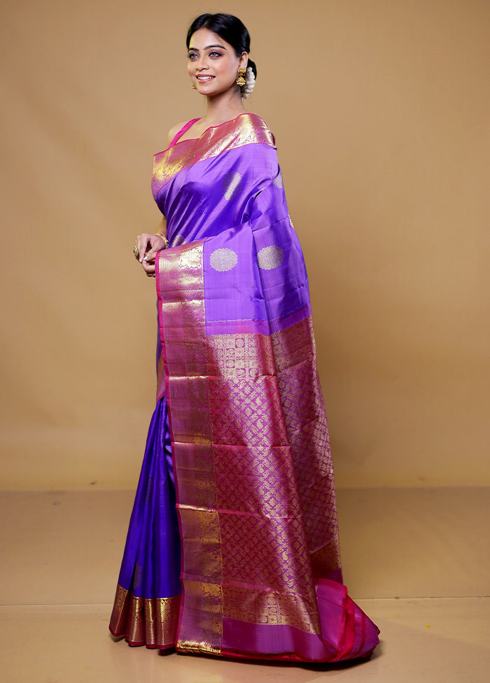 Purple Handloom Kanchipuram Pure Silk Saree With Blouse Piece