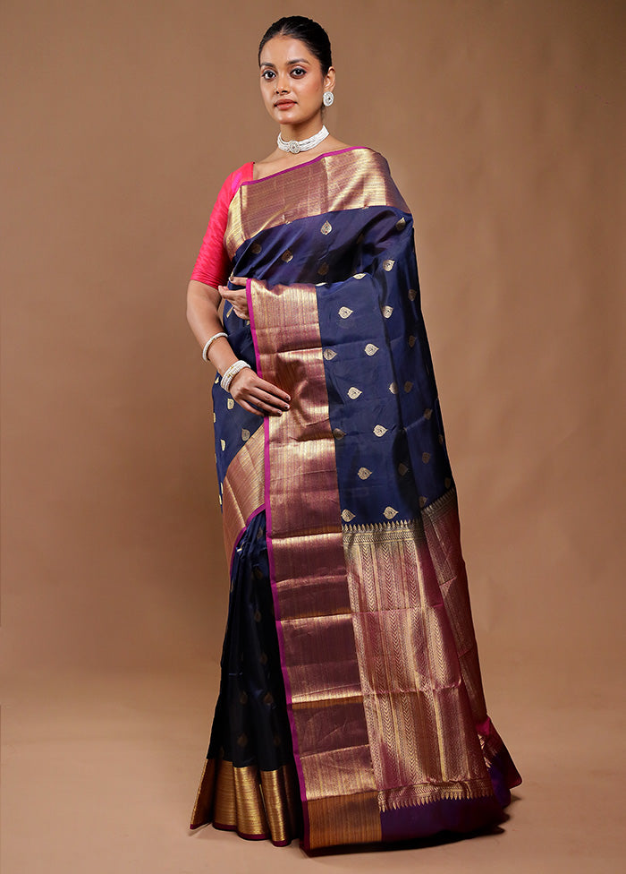 Blue Handloom Kanjivaram Pure Silk Saree With Blouse Piece