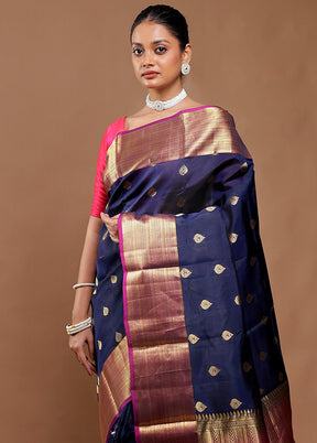 Blue Handloom Kanjivaram Pure Silk Saree With Blouse Piece