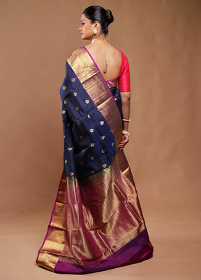 Blue Handloom Kanjivaram Pure Silk Saree With Blouse Piece