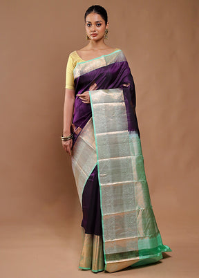 Purple Handloom Kanchipuram Pure Silk Saree With Blouse Piece