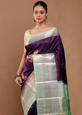 Purple Handloom Kanchipuram Pure Silk Saree With Blouse Piece