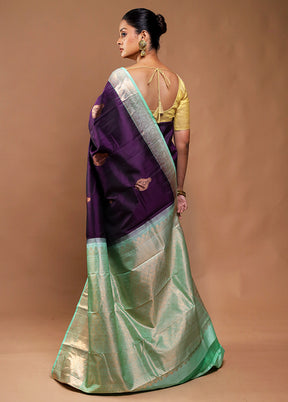 Purple Handloom Kanchipuram Pure Silk Saree With Blouse Piece