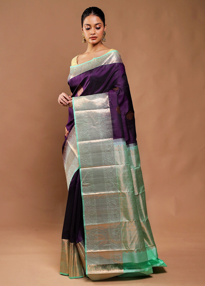 Purple Handloom Kanchipuram Pure Silk Saree With Blouse Piece