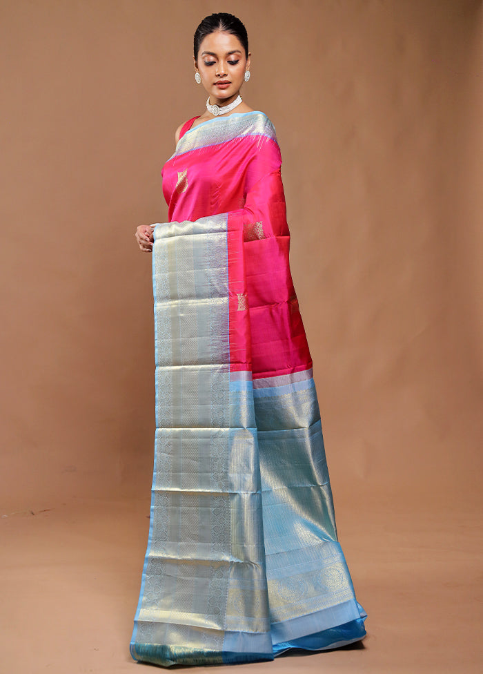 Pink Handloom Kanchipuram Pure Silk Saree With Blouse Piece