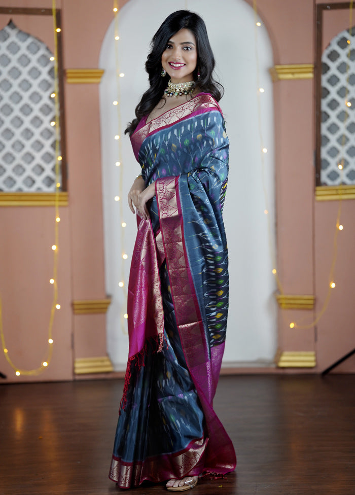 Blue Handloom Kanchipuram Pure Silk Saree With Blouse Piece