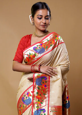 Cream Katan Silk Saree With Blouse Piece