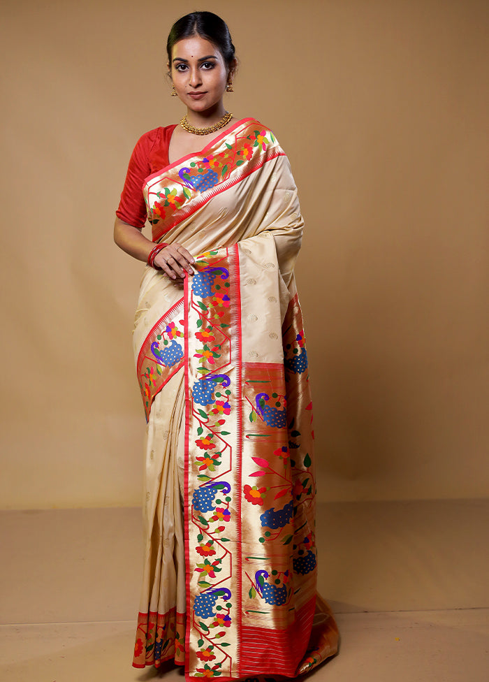 Cream Katan Silk Saree With Blouse Piece